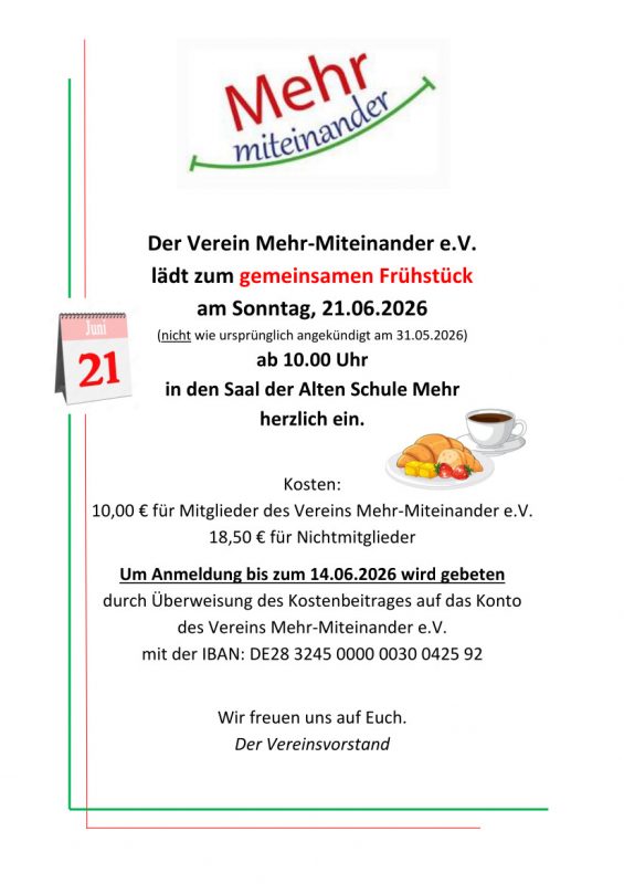 Es findet wieder unser Vereinsfrühstück statt